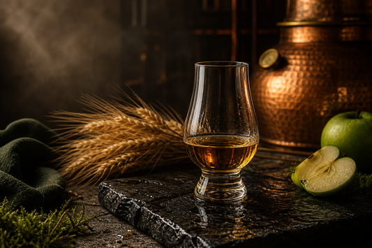 Irish Whiskey mit Gerste, grünem Apfel und Kupferbrennblase auf dunklem Schiefer