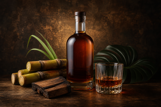 Bernsteinfarbener Rum mit Zuckerrohr, Eichenholz und Tastingglas auf dunklem Holz