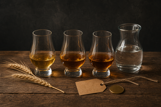 Drei Whiskygläser mit Wasserkaraffe, Gerste und schlichtem Preisschild auf Holz