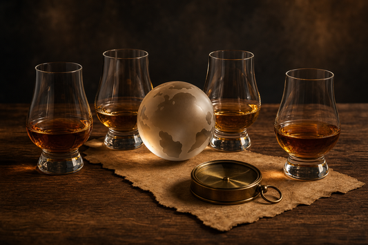 Internationale Whisky-Auswahl mit vier Tastinggläsern, Weltkugel und Kompass