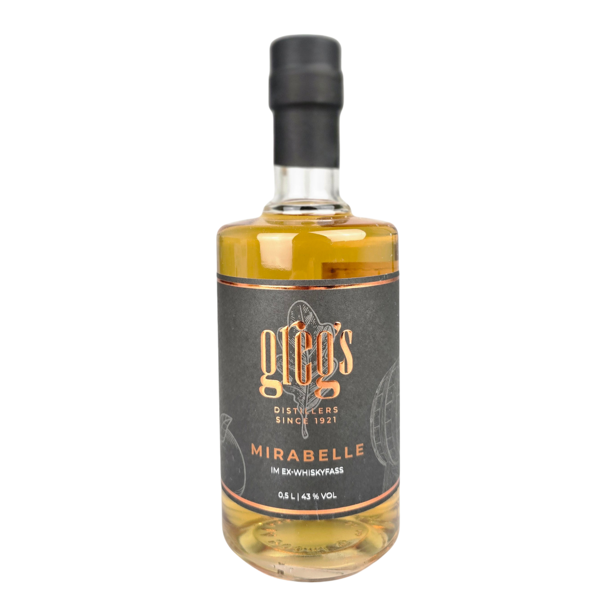 Greg's Distillers Mirabelle im Whiskyfass 0,5 l – Vorderansicht